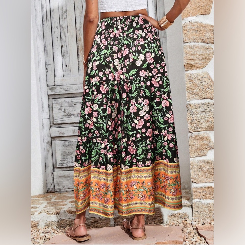 LAST ONE 🔥 Boho Paisley & Floral Print Shirred Ruffle Hem Maxi Skirt - Picture 3 of 6